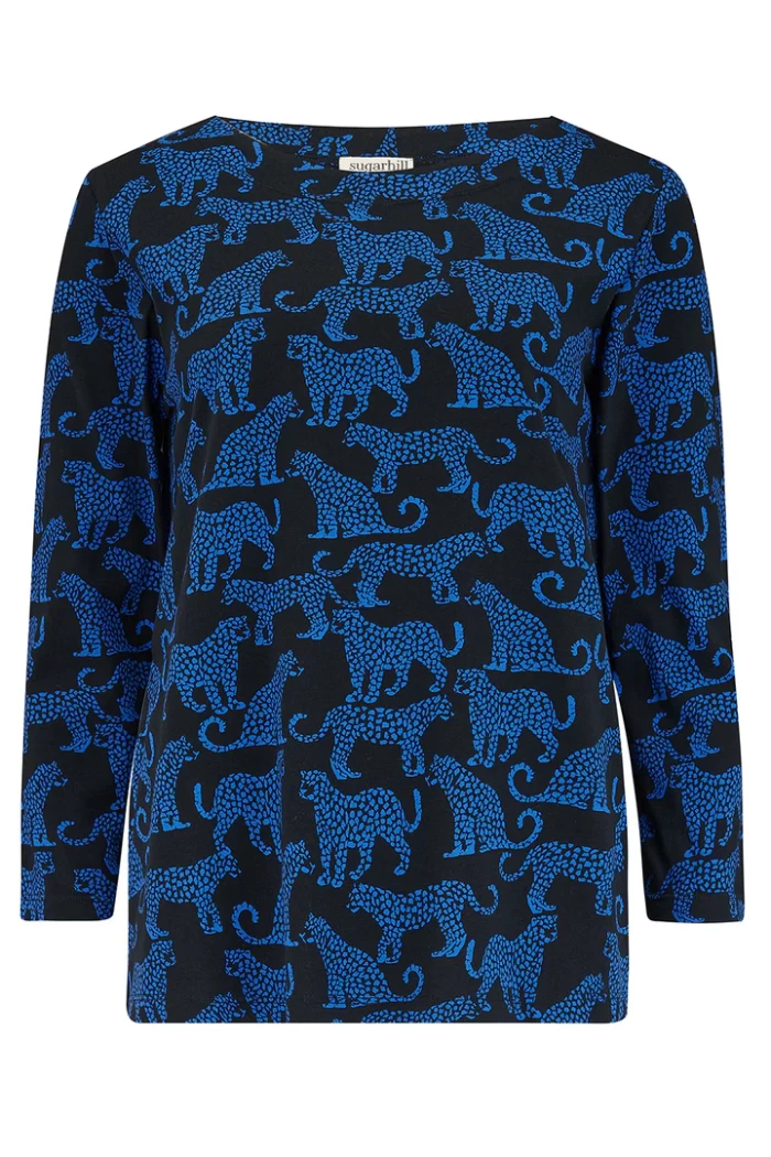 Noor Jersey Top - Black/Blue, Leopard Spots