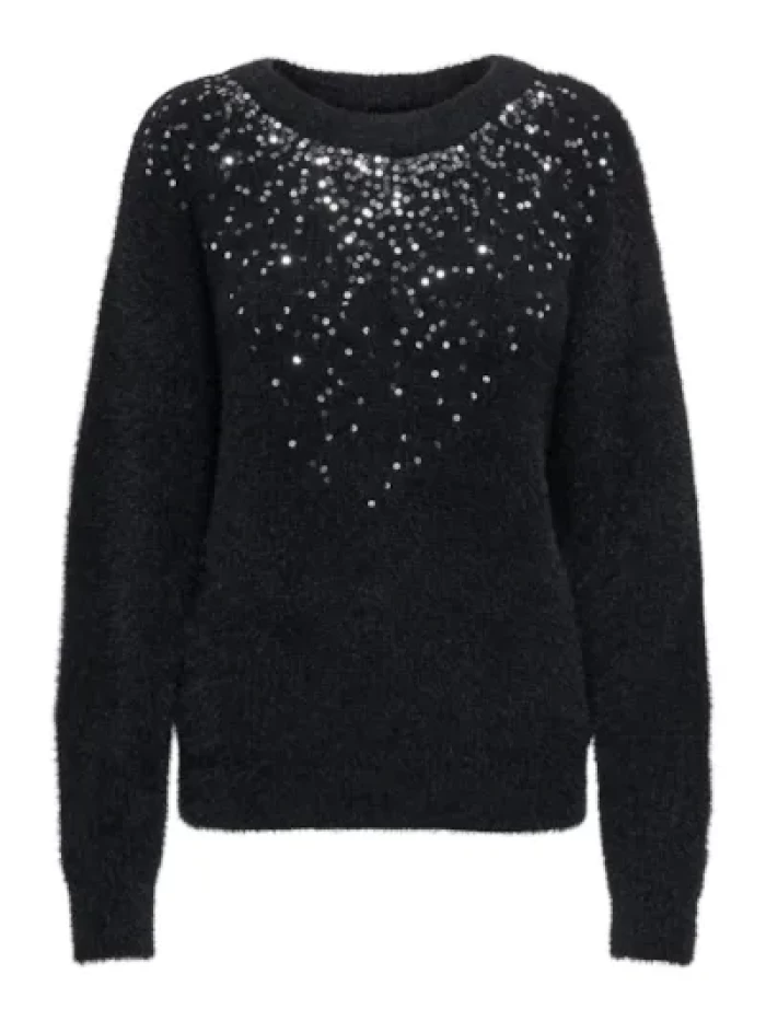 Jersey lentejuelas negro -ONLCLARIS LS SEQUINS O-NECK KNT