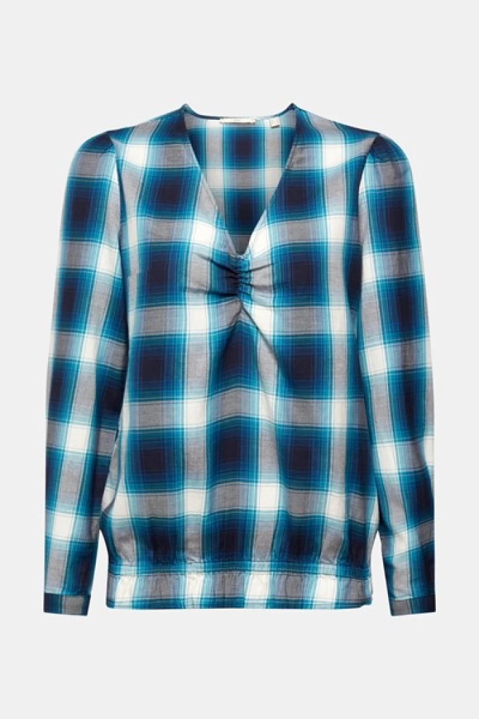 Checked blouse, 100% cotton -Blue